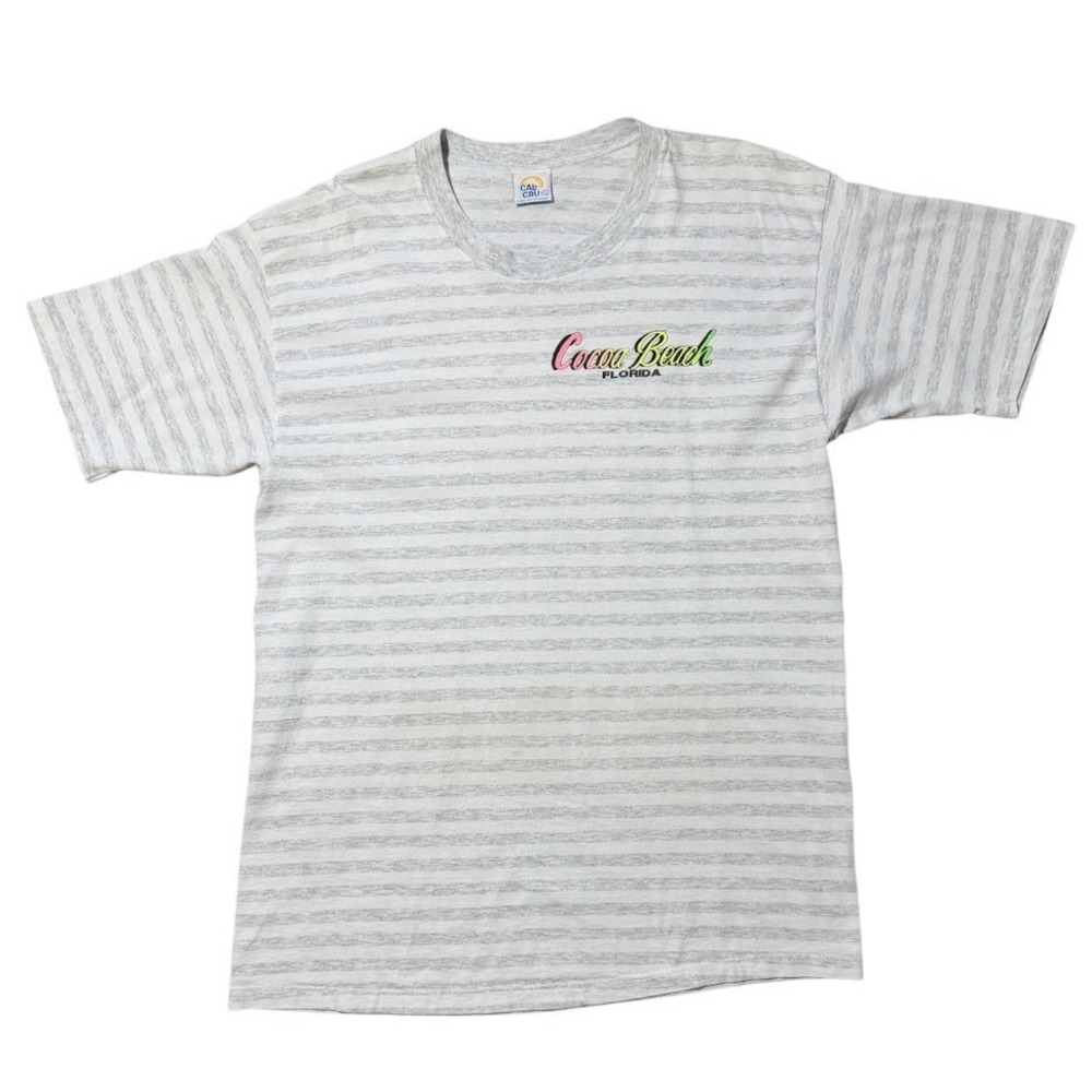 Vintage 90s Cocoa Beach Florida Surf Ocean Boat Neon Art Striped Graphic T-shirt